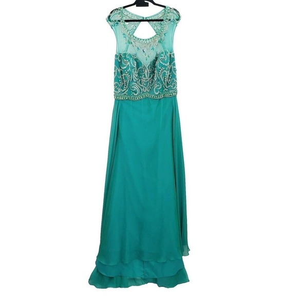 Rachel Allan 22w Prom Dress Teal Beaded Sequin Cap Sleeve Mesh Layered Maxi Long - Picture 2 of 16